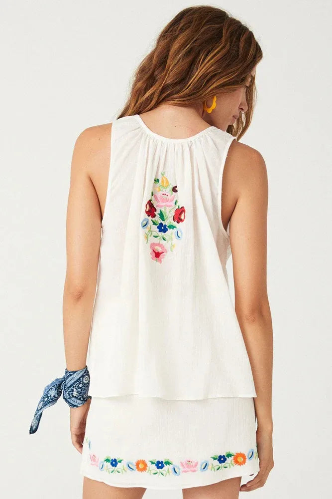 Cotton Floral Embroidered Tank Top Sleeveless Blouse