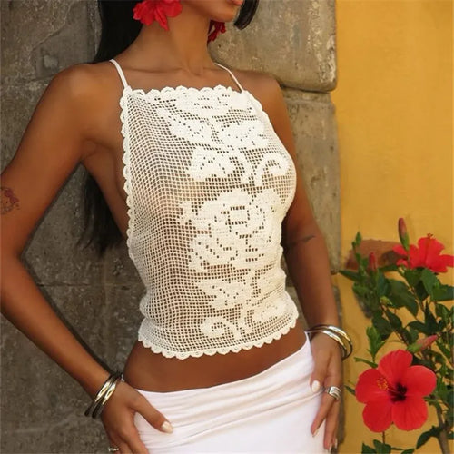 Bohemian Crochet Cami Top With Open Back And Floral Pattern Halter