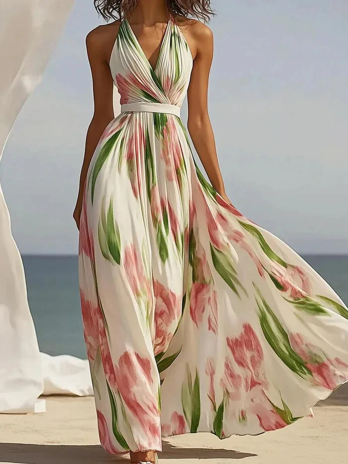 Floral Sleeveless V Neck Belted Print Maxi Dress