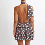 Vintage Polka Dot Backless Halter Dress With Ruffles And Pleated Skirt