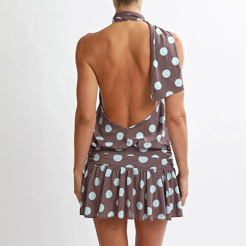 Vintage Polka Dot Backless Halter Dress With Ruffles And Pleated Skirt