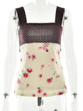 Patchwork Polka Dot Lace Camis Top With Square Collar Floral