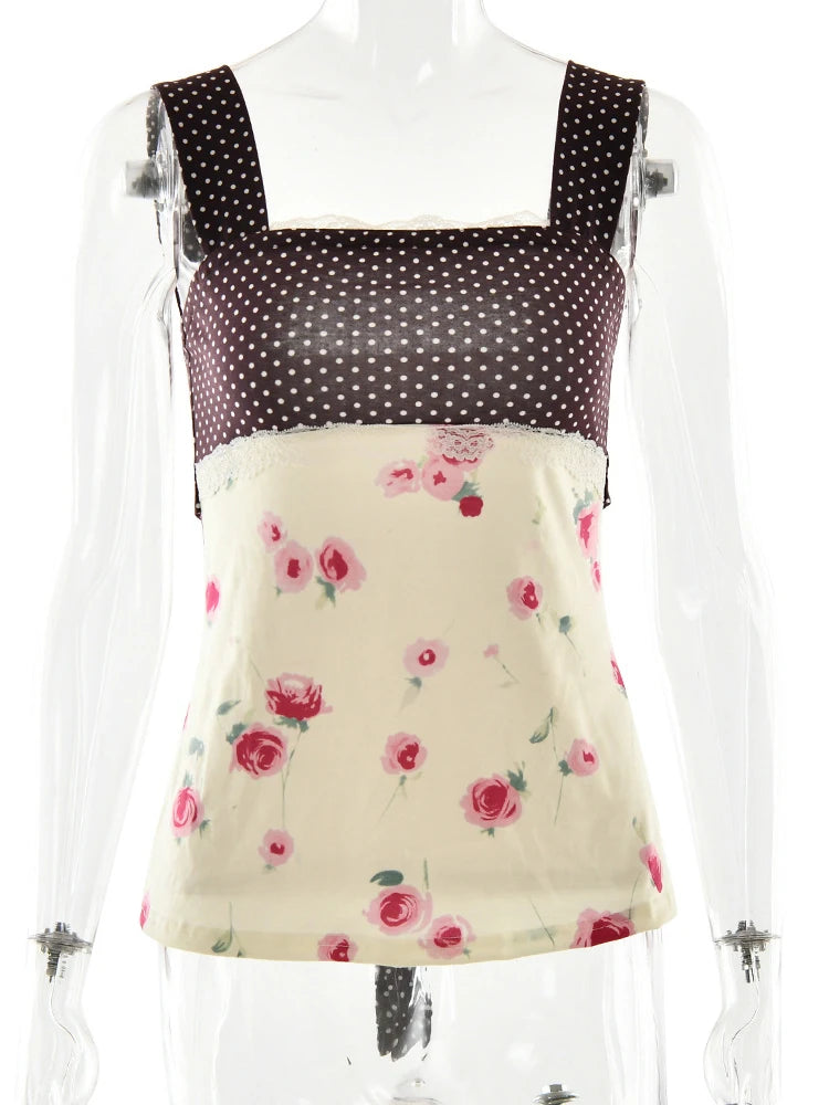 Patchwork Polka Dot Lace Camis Top With Square Collar Floral