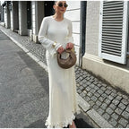 White Knitted Ruffle Maxi Dress With O-Neck And Flare Sleeves