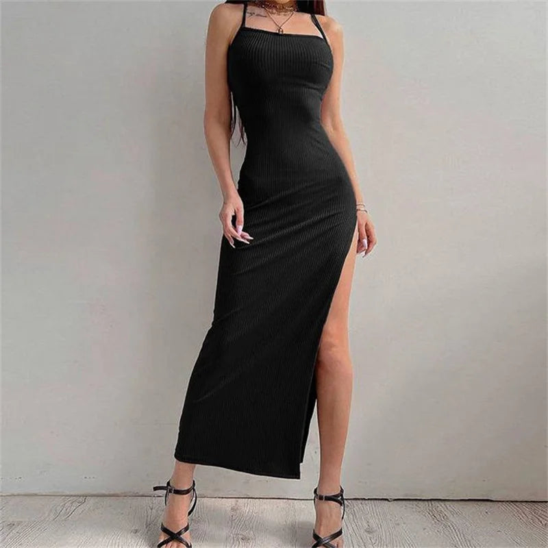 Halter Neck Bodycon Dress With Sleeveless Backless Design Spaghetti Straps High Slit