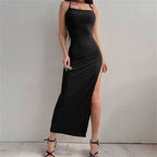 Halter Neck Bodycon Dress With Sleeveless Backless Design Spaghetti Straps High Slit