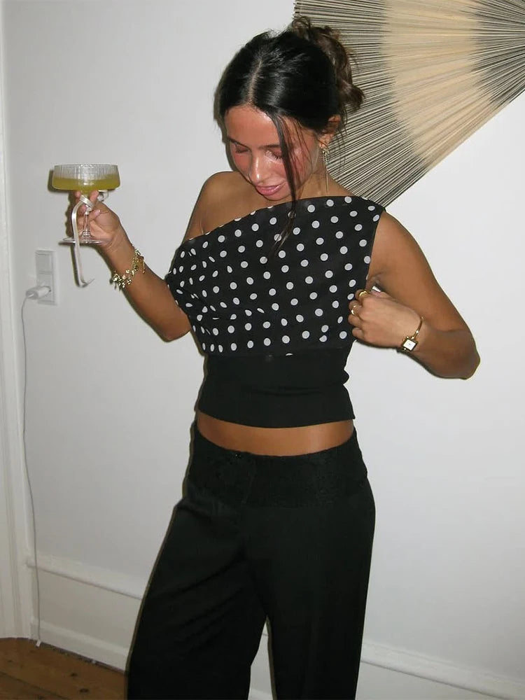 Polka Dot Off Shoulder Crop Top With Skew Collar And Ruched Backless