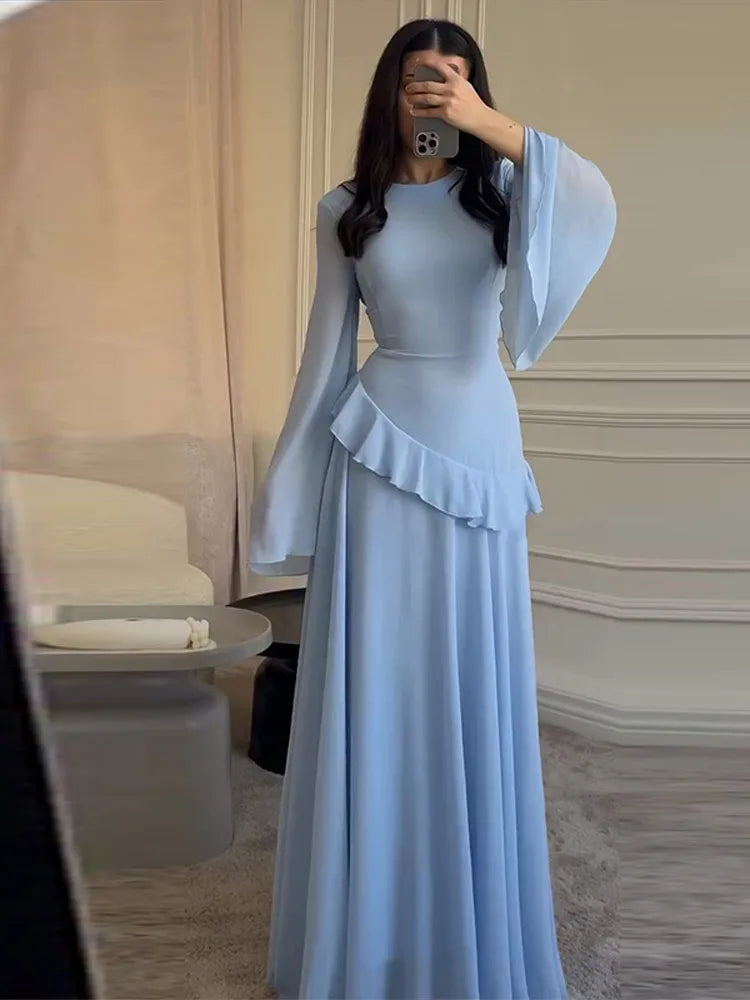 Flare Sleeve Maxi Dress With Ruffle Detail O Neck High Waist Pleated