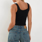 Coquette Lace Trim Knit Crop Top With Bow Sleeveless Square Collar