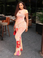 Floral Two Piece Set Elegant O-Neck Top And Flare Pants