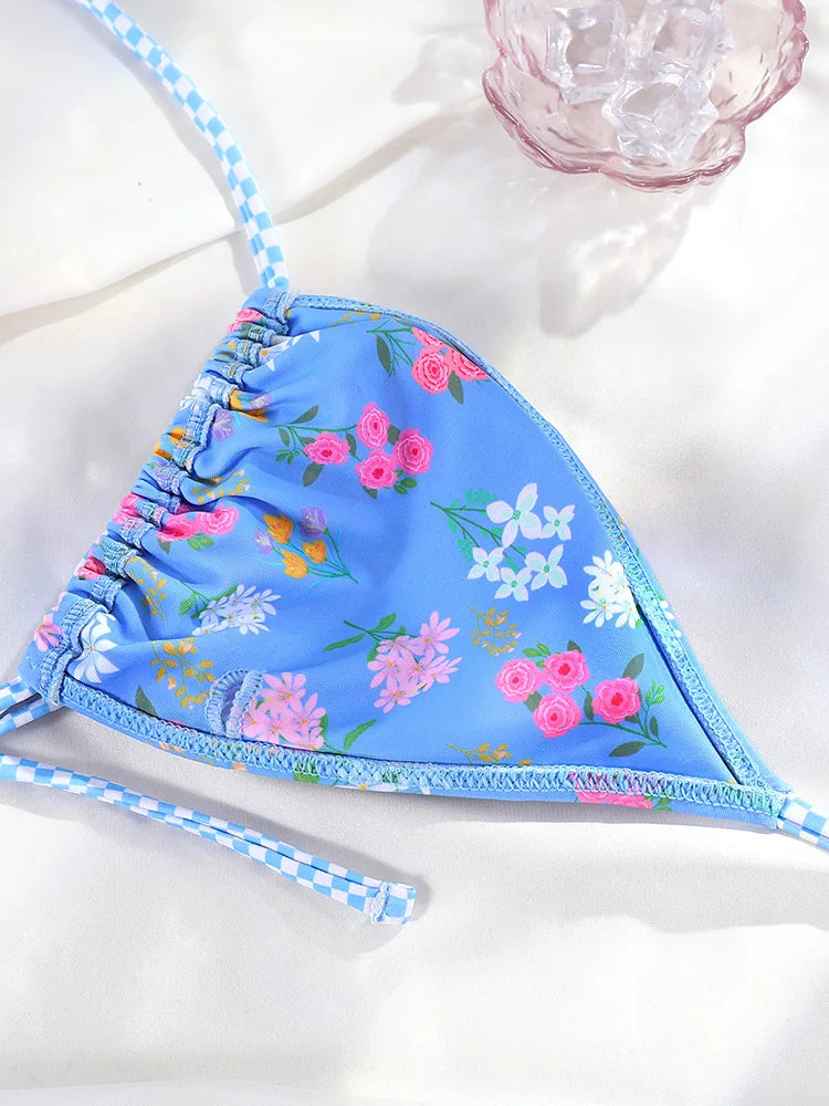 Floral Bow Pink Bikini Swimsuit For Women Low Waist Bandage Beachwear Chic Summer Bathing Suit