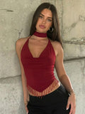 Halter V Neck Backless Crop Top With Lace Up Crystal Tassels