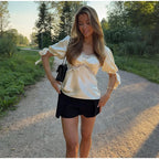 Lace Splicing Female Chic Bow Lace-up V Neck Short Sleeve Shirt
