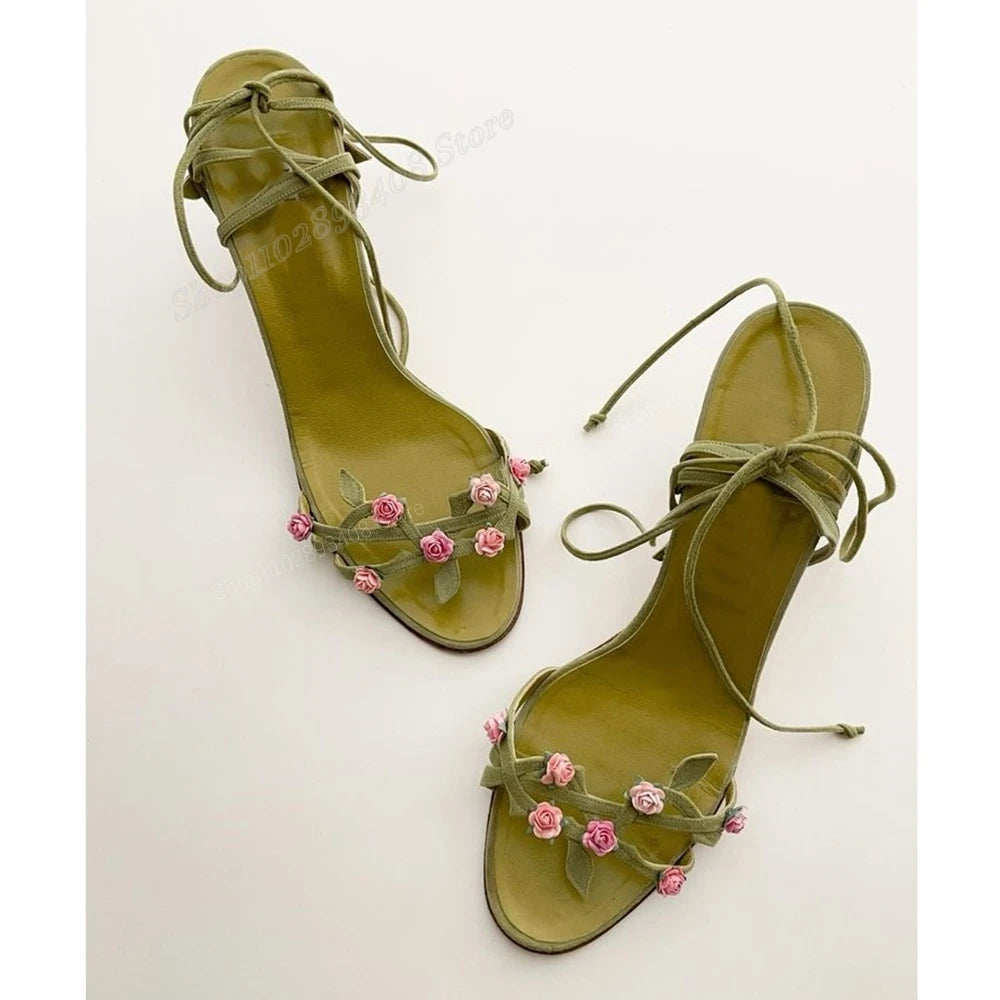 Green Floral Leaf Sandals For Women With Lace Up Straps Hollow Design Stiletto High Heel