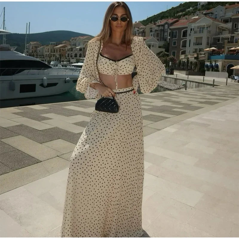 Polka Dot Square Collar Crop Top And High Waist Maxi Skirt Set Outfit