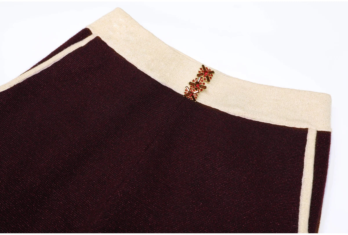 Diamond Buckle Knit Top With Elastic Fit Long Sleeve Pullover Round Neck For Women
