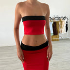 Boho Color Block Strapless Crop Top And Skirt two piece Set For Women