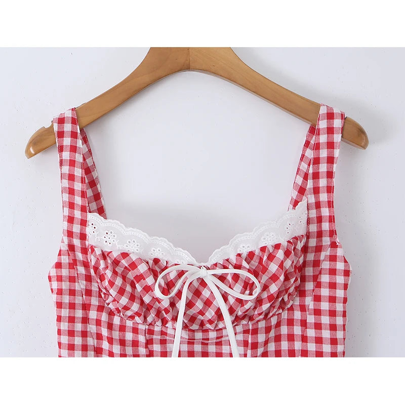 Red Plaid Corset Camis Lace Trim Bow Detail Bustier Sexy Top