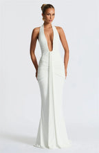 Deep V-Neck Backless Ruched Maxi Dress Halter Gown