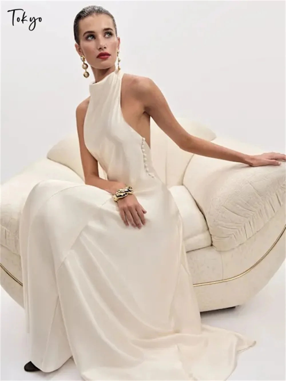 White Satin Halter Neck Gown With Backless Design Floor Length Dress