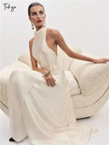 White Satin Halter Neck Gown With Backless Design Floor Length Dress