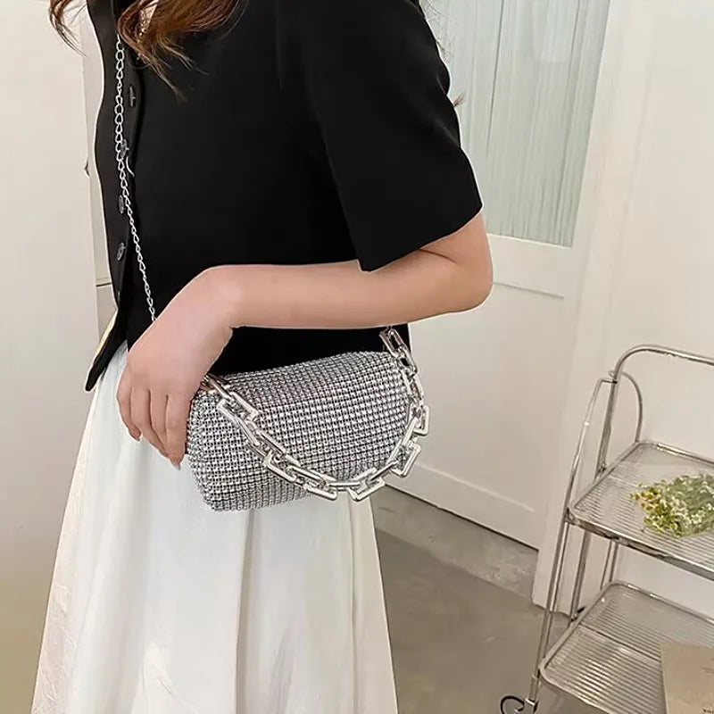 Mini Crossbody Rhinestone Bucket Bag With Glitter Chain Purse
