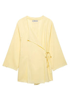 Breezy Linen Kimono Two-piece Set With Lace Up Top And Wide Leg Pants