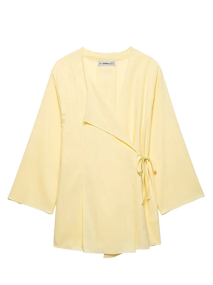 Breezy Linen Kimono Two-piece Set With Lace Up Top And Wide Leg Pants