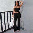 Strapless Crop Top And High Waist Ruched Flare Pants Set