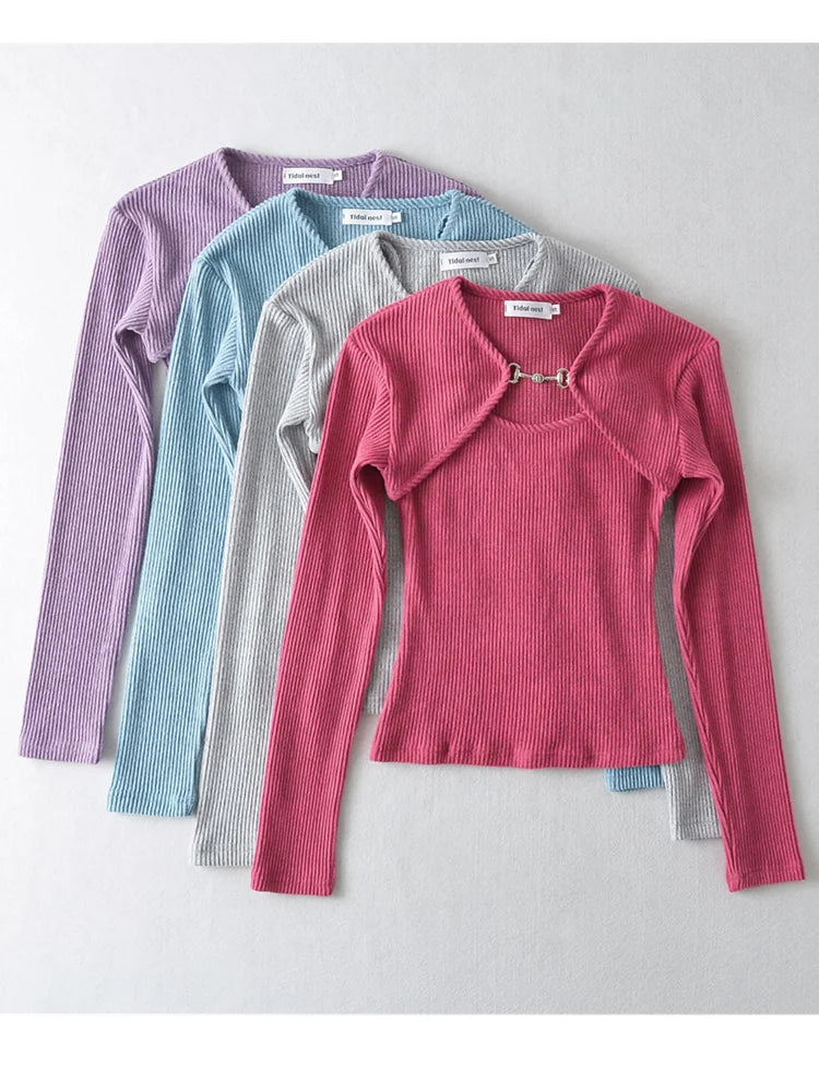 Crop T Shirt O neck Crop top Full Sleeve Chain Buckle Cape T-shirt Camis with Tee
