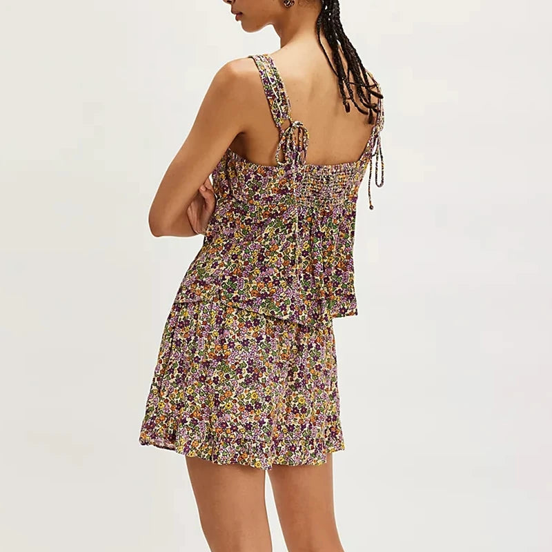 Floral Summer Two Piece Set With Frill Trim Square Neck Tank Top And Drawstring Ruffle Skirt