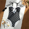 Vintage Black Polka Dot One Piece Swimsuit With Hollow Out Front And Bow Ruffle Lace Trim