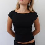 Front Cutout Bow Tie Backless Top Slim Fit Short Sleeve With Skew Collar
