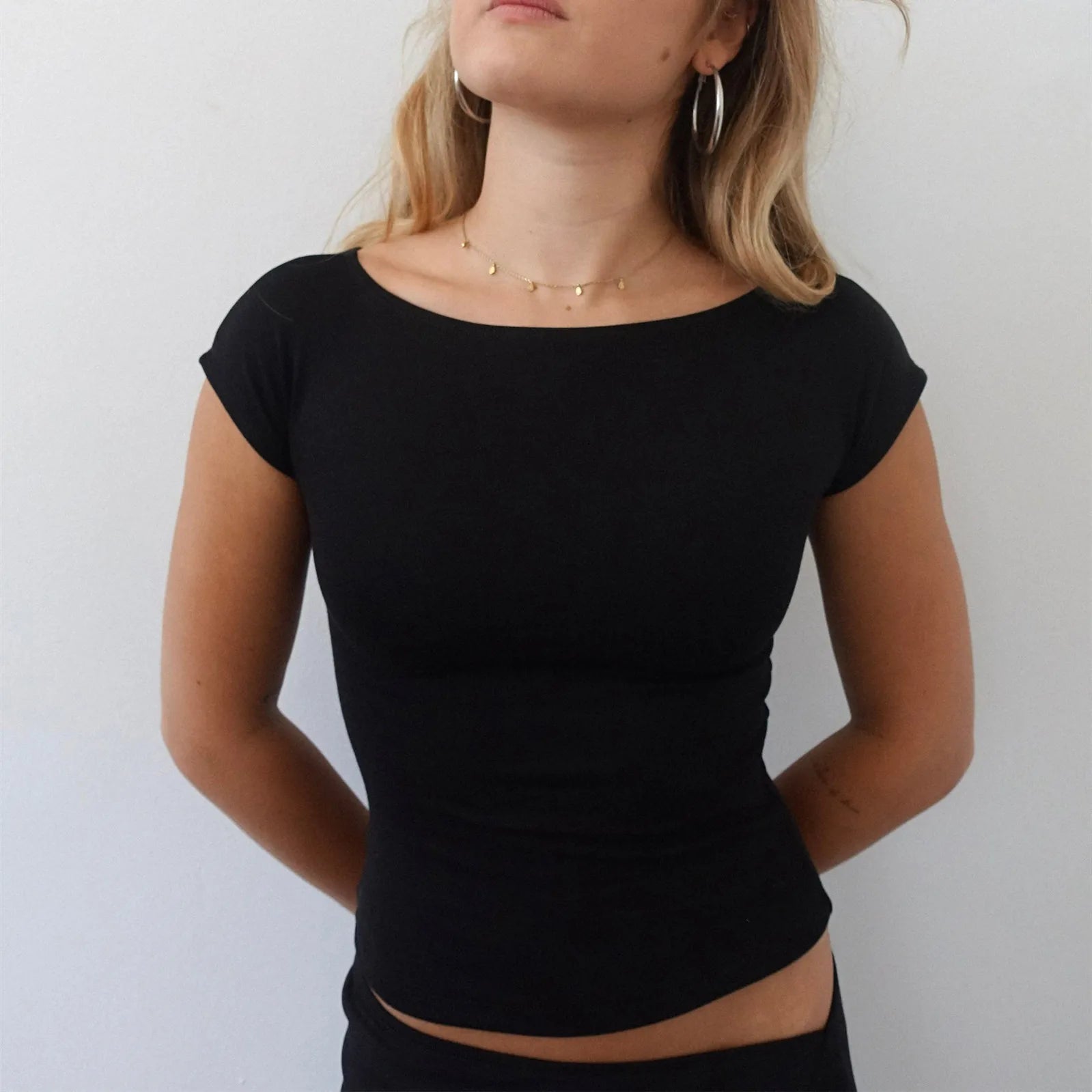 Front Cutout Bow Tie Backless Top Slim Fit Short Sleeve With Skew Collar