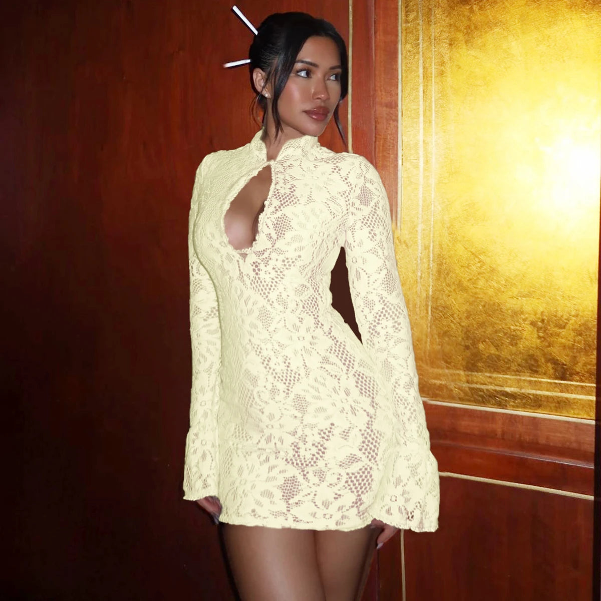 Lace Patchwork Hollow Out Mini Dress With Turtleneck And Long Flare Sleeves
