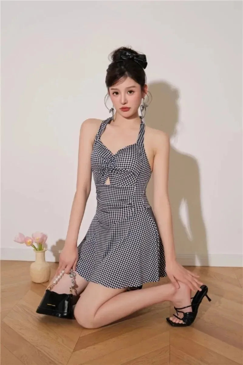 Plaid Backless Swim Dress With Halter Neck