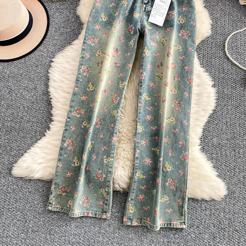 Floral Dream Denim Pants With Wide Leg Silhouette And High Waist