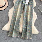 Floral Dream Denim Pants With Wide Leg Silhouette And High Waist