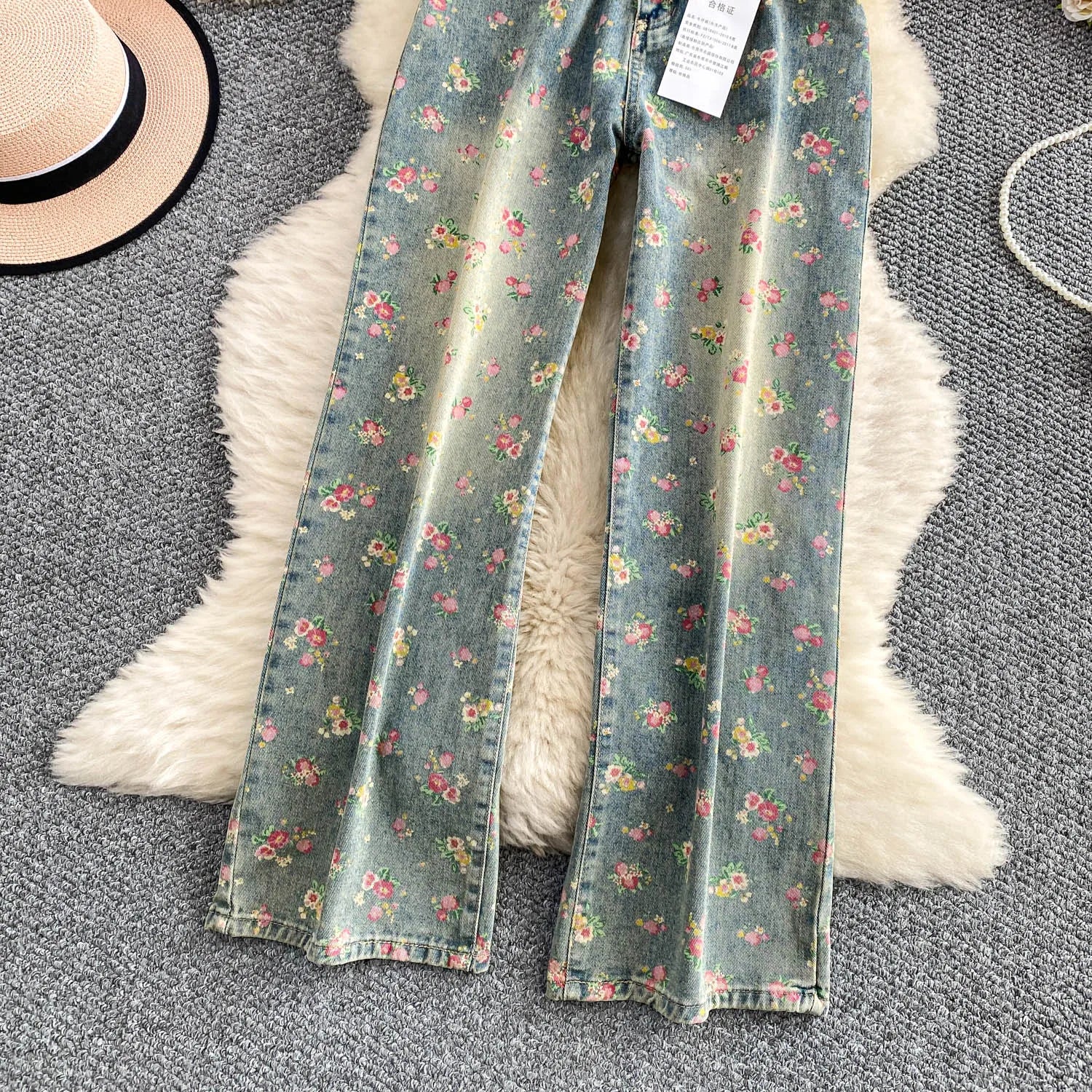 Floral Dream Denim Pants With Wide Leg Silhouette And High Waist