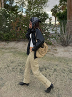 Khaki-colored Washed Low-rise Denim Pants with Rolled Cuffs and Straight-leg Design
