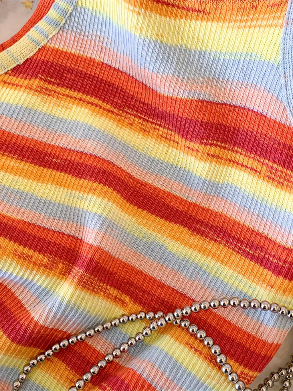 Striped Ribbed Knit Cami Top With Square Neck Sleeveless Rainbow Crop