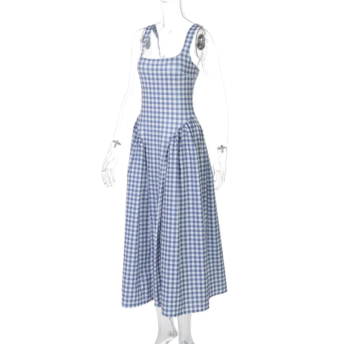 Gingham Square Neck A-Line Midi Dress With Pockets