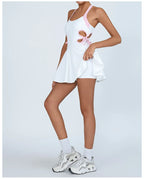 Tennis Dress Women with Separate Shorts White Contrast Hollowed Out Drawstring Side Sports Yoga Dress Training Running Fitness