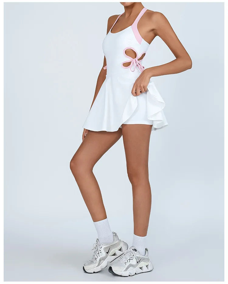 Tennis Dress Women with Separate Shorts White Contrast Hollowed Out Drawstring Side Sports Yoga Dress Training Running Fitness