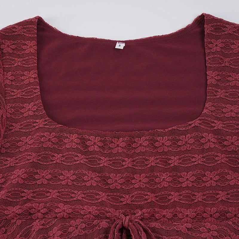 Sexy Wood Ear Lace-Tie Women Y2k Slim Square Collar Short Sleeve Camisole