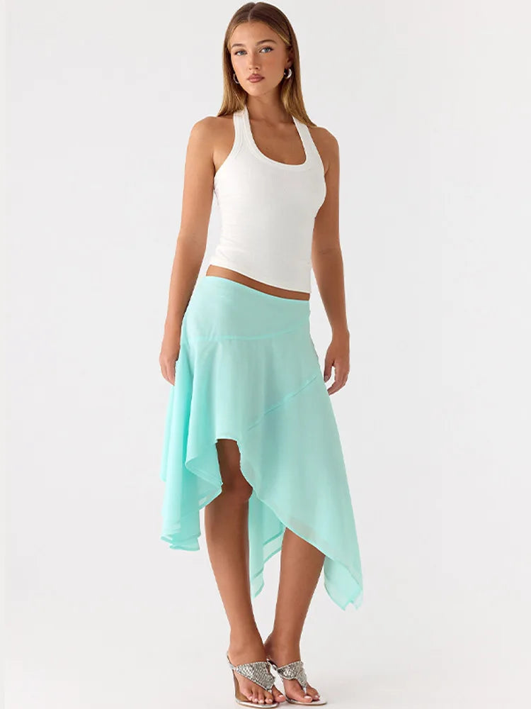 Soft Ruffle High Waist Midi Skirt With Asymmetrical Hem