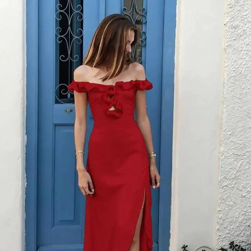 Off Shoulder Ruffle Midi Dress With Front Cutout High Waist Side Split