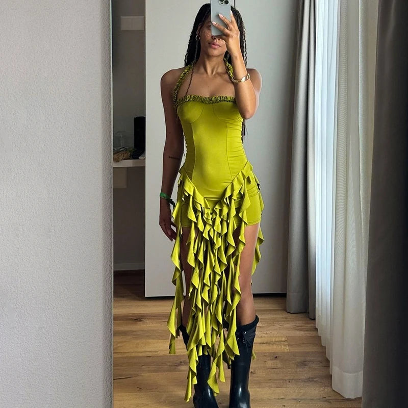Elegant Halter Backless Ruffles Mini Dress Slim Fit With Tassel Detail