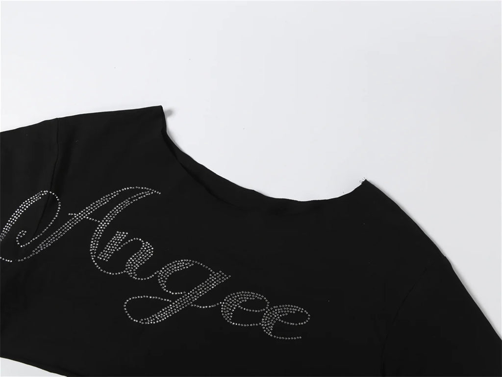 Shimmering Letter Rhinestone Tee Off Shoulder Top With Skew Collar