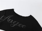 Shimmering Letter Rhinestone Tee Off Shoulder Top With Skew Collar